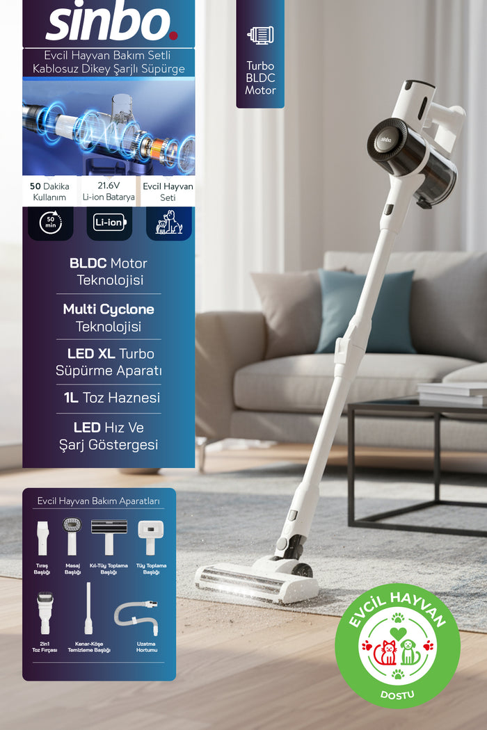 Sinbo SVC-8634 Kablosuz Dikey Süpürge Beyaz (BLDC Motor) Çok Amaçlı, 7 Aparat, Evcil Hayvan Tüyleri İçin