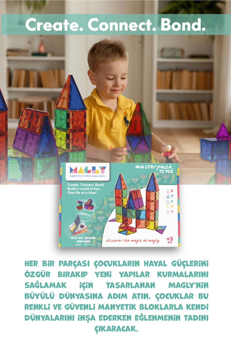 Magly Manyetik Yapı Blokları – Çocuklar İçin Renkli 3 Boyutlu 72 Parça Manyetik Karo Oyun Seti