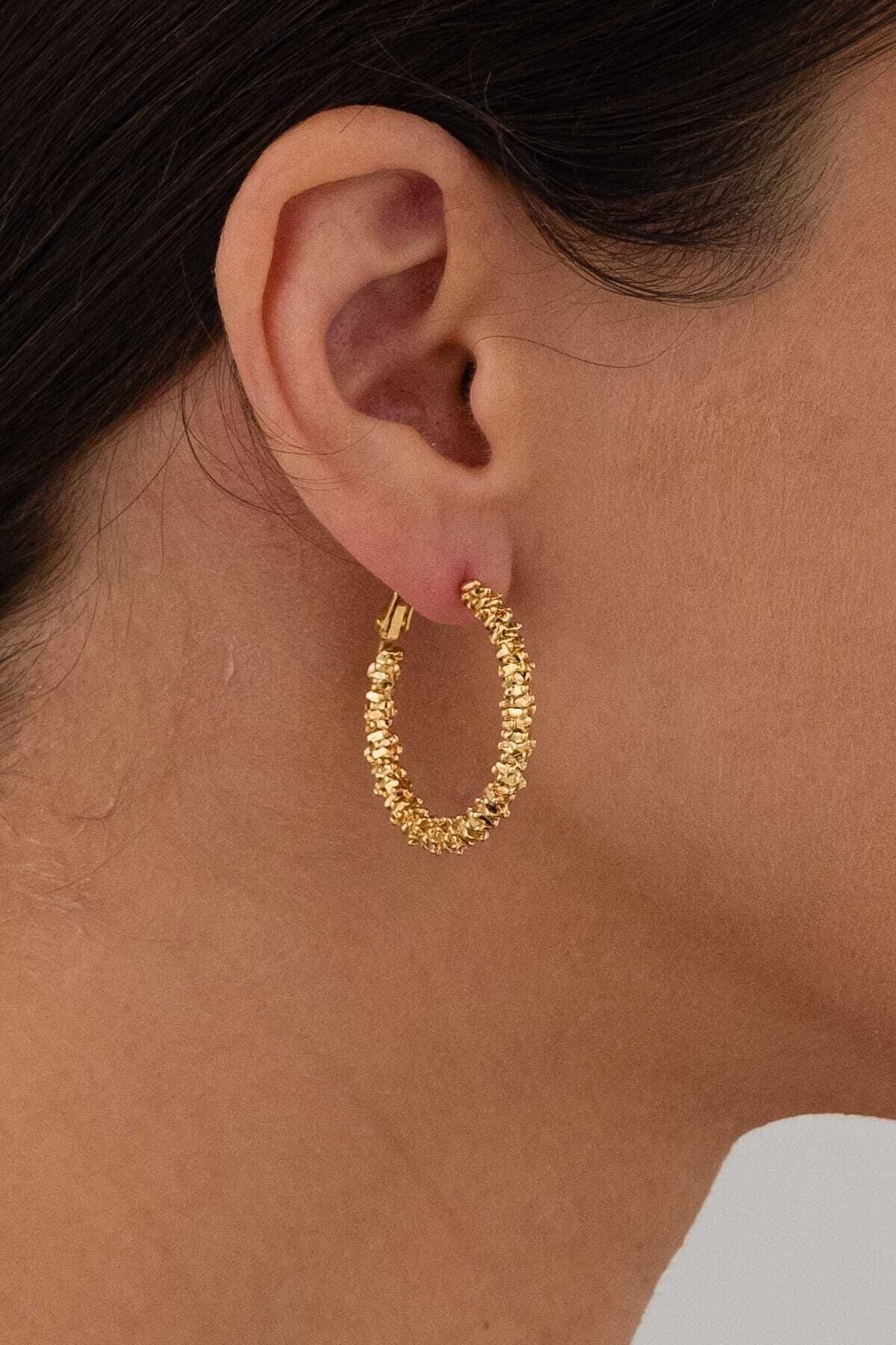 MRK Model Halka Tırtıklı Gold Küpe - Altın 2