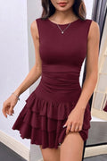 JE-TU Eteği Kat Kat Volanlı Mini Elbise JT9186 - Bordo