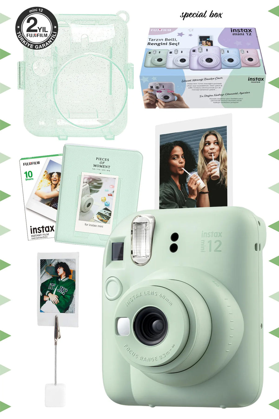 Fujifilm Instax Mini 12 Yeşil Fotoğraf Makinesi-10'lu Film-kıskaçlı Stand-pvc Albüm Ve Simli Pleksi Kılıf Set - Yeşil