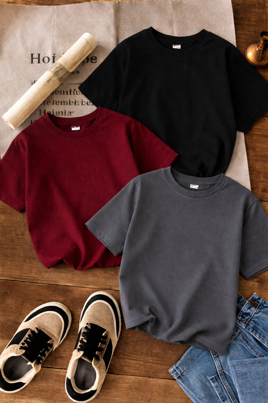 SANTAMİLA 3 lü Bordo Beyaz Siyah Düz T-shirt - Bordosyhfume