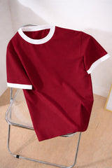 Revasser Unisex Erkek/Kadın Lacivert Beyaz Yaka Düz Oversize Pamuklu T-Shirt Tişört - Bordo