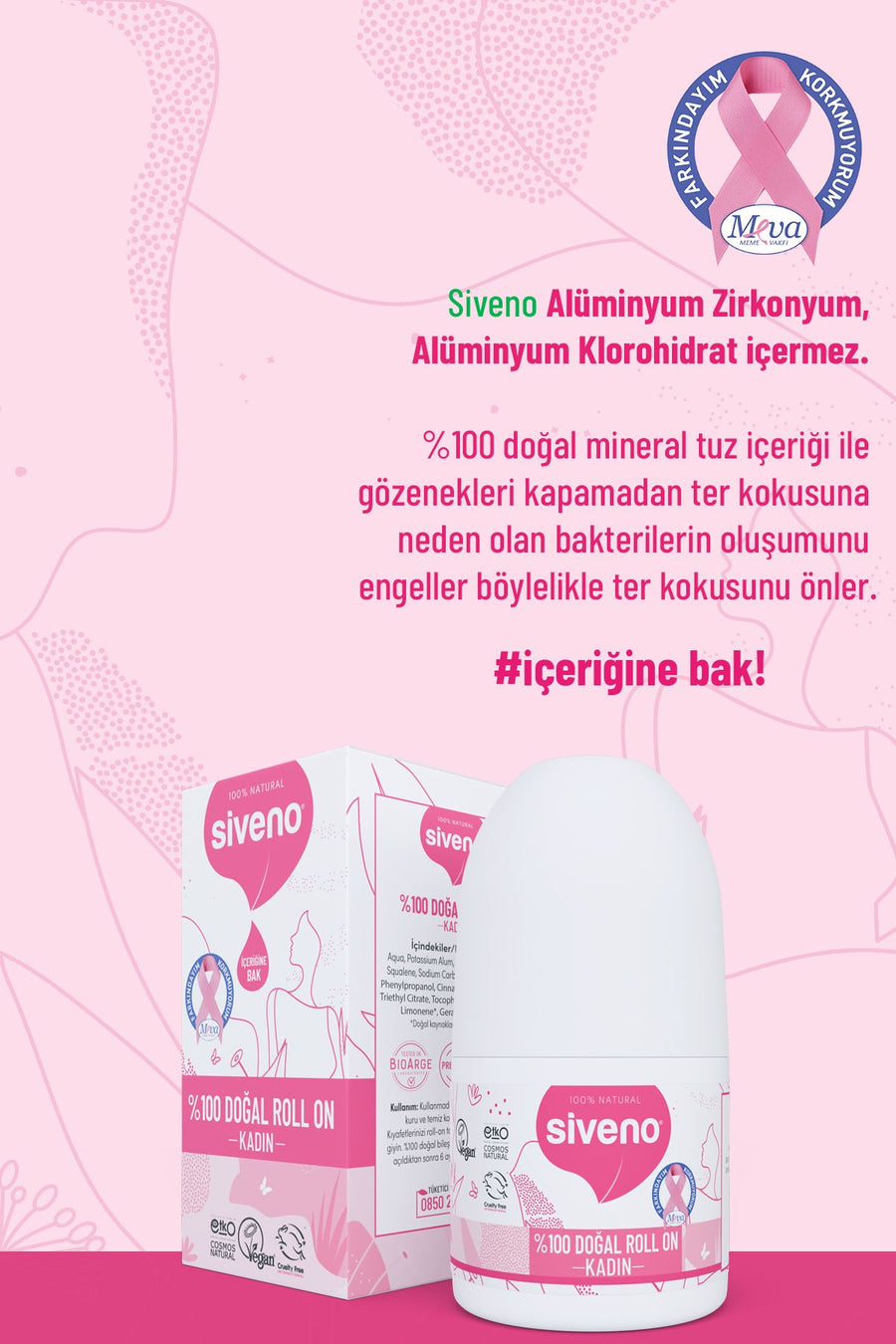 Siveno %Doğal Roll-on Kadın Deodoranter Kokusu Önleyici Bitkiseleke Bırakmayan Vegan ml