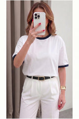 Teenage Millionaire Kadın Petrol Beyaz Biye Garnili Orta Kalın Soft Kumaş Bisiklet Yaka Yarım Oversize Salaş T-shirt - Beyaz