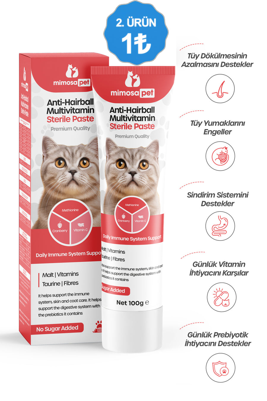 Mimosa Pet Tüy Dökülme Engelleyici, Tüy Yumağı Ve Kusma Önleyici Multivitamin Kedi Malt Macun 100 gr