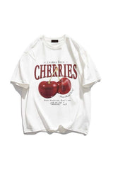 Elvino Red Cherries Baskılı Oversize Kadın/Erkek Unisex Beyaz Tshirt - Beyaz
