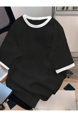 Revasser Unisex Erkek/Kadın Lacivert Beyaz Yaka Düz Oversize Pamuklu T-Shirt Tişört - Siyah