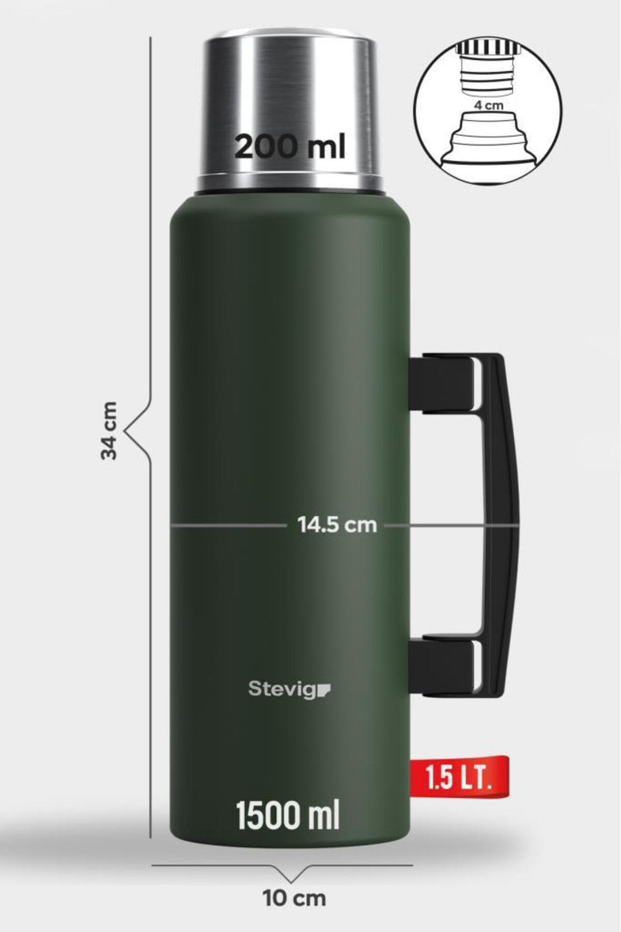 Stevig 4 Camp Klasik Vakumlu Kulplu Çelik Termos 1.5 LT. Green ST-206