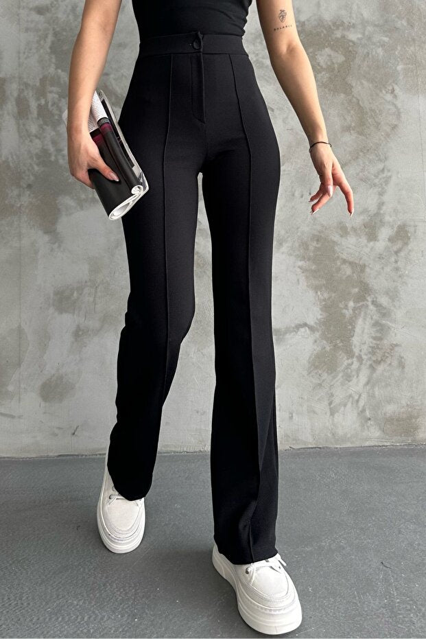 macharel jeans Kadın Siyah Yüksek Bel Toparlayıcı Ispanyol Paça Palazzo Pantolon