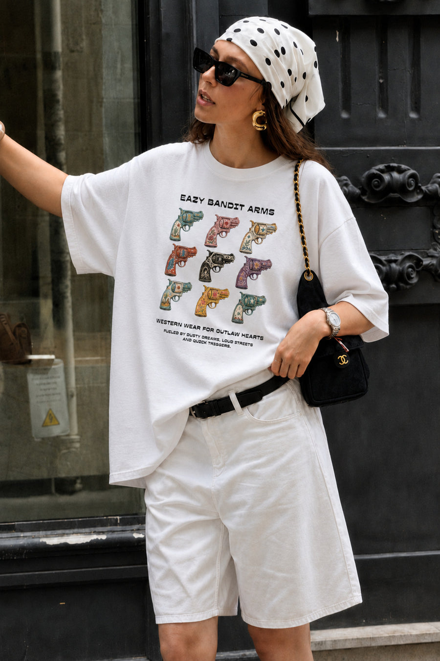 Eazy Co EAZY Unisex Oversize Tişört %100 Pamuk Beyaz Western Dept. Cowboy Baskılı T-Shirt - İnci-Beyaz