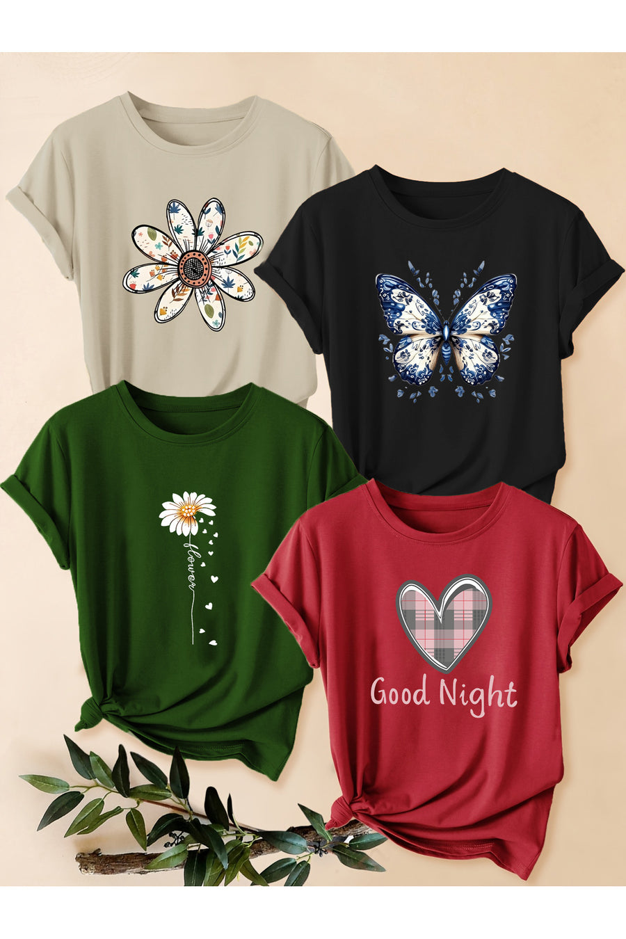 uyguntarz Unisex Karışık Baskılı Tişört Seti – 4'lü Paket Bisiklet Yaka Günlük T-Shirt - Beyaz Siyah Kahve Bej