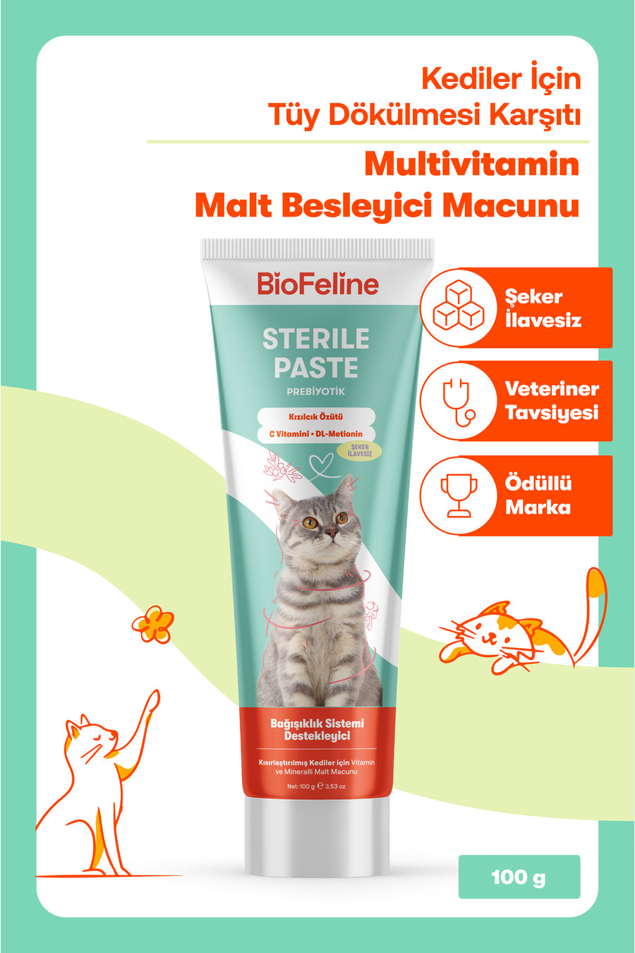 BioFeline Tüy Dökülmesi, Tüy Yumağı ve Kusma Engelleyici Multivitaminli Kısır Kedi Maltı 100g