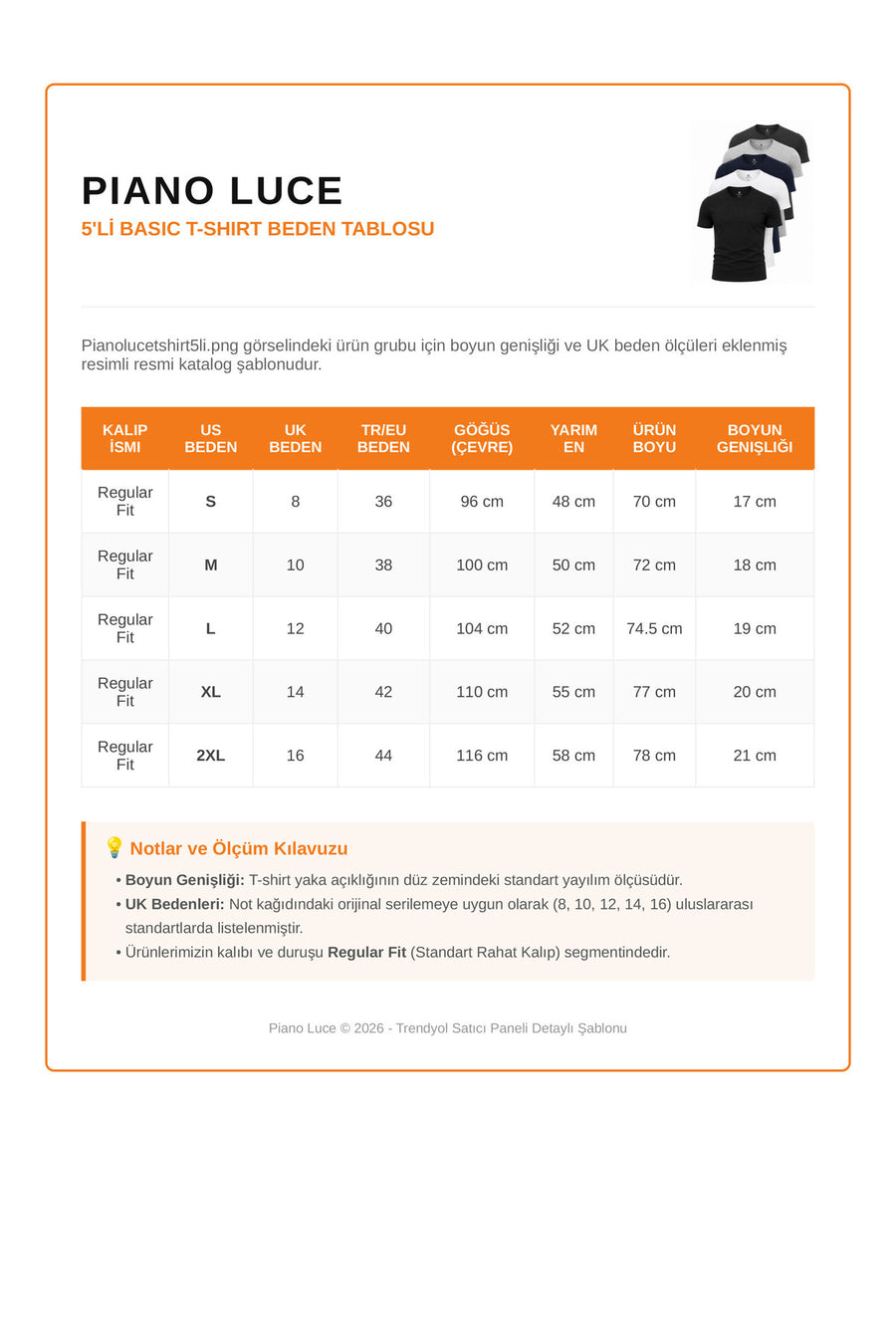 Piano Luce Erkek 5’li Paket T-Shirt – Kısa Kollu Bisiklet Yaka Regular Fit – 5 Renk Seçenekli - Çok Renkli