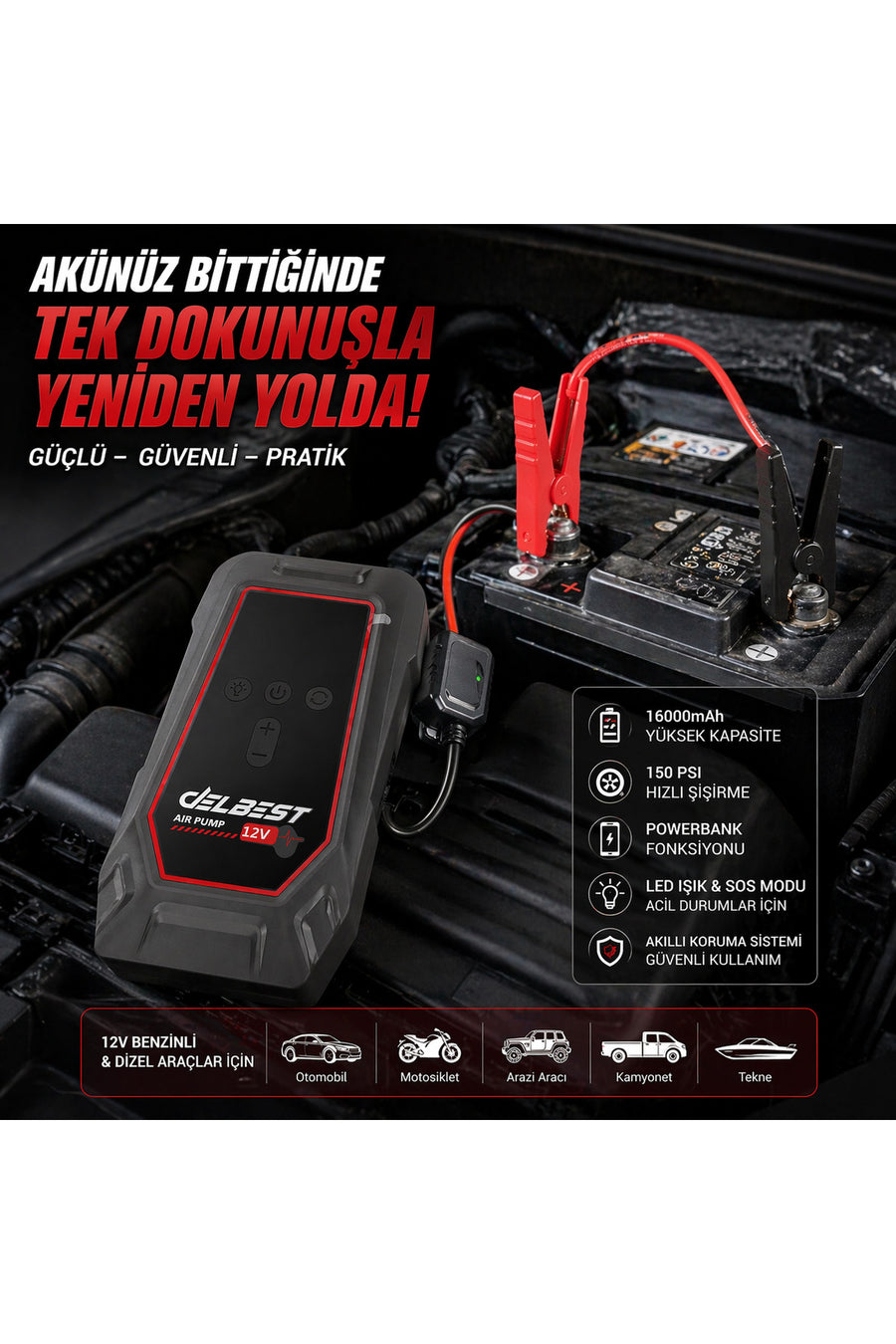 AZEQ DELBEST K5 Akü Takviye Cihazı Hava Kompresörü 16000mAh 150 PSI Jump Starter Powerbank 12V