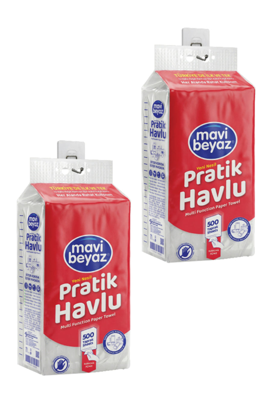 Mavi Beyaz Pratik Havlu 500 Yaprak - Yeni Nesil Çok Amaçlı El ve Yüz Havlusu (Asma Aparatı Hediyeli) - 2 Adet