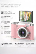 ACSTECH 4K Dijital Fotoğraf Makinesi 48MP Flip Ekran 18X Zoom Flaşlı 64GB Hediyeli Türkçe Menü - Pembe