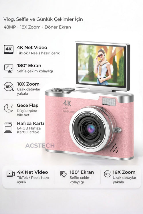 ACSTECH 4K Dijital Fotoğraf Makinesi 48MP Flip Ekran 18X Zoom Flaşlı 64GB Hediyeli Türkçe Menü - Pembe