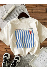 Elvino Oversize Kesim Kısa Kollu Mavi Çizgiler Baskılı T-shirt - Beyaz