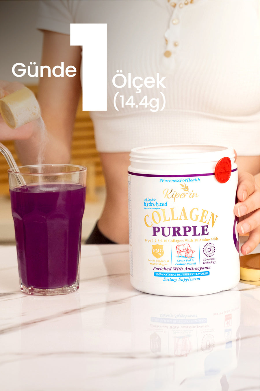 Kiperin %100 Saf ve Doğal Mor & Çoklu Kolajen Peptitleri içeren Lipozomal Teknoloji Diyet Takviyesi (576gr)