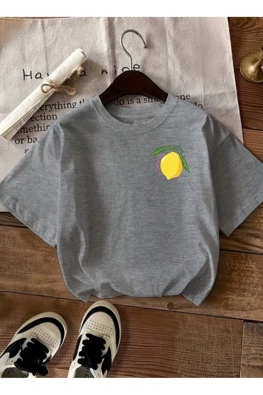 caddekombin Kadın Çift Taraf Limoncello Baskılı Bej T-shirt - Gri