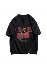 Elvino Red Cherries Baskılı Oversize Kadın/Erkek Unisex Beyaz Tshirt - Siyah