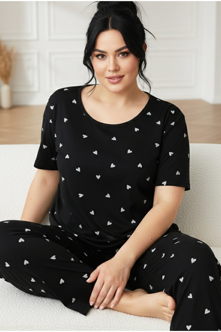 Siyah İnci Kırmızı Curve Büyük Beden Battal Boy Kısa Kollu Pamuklu Pijama Takımı - Gri