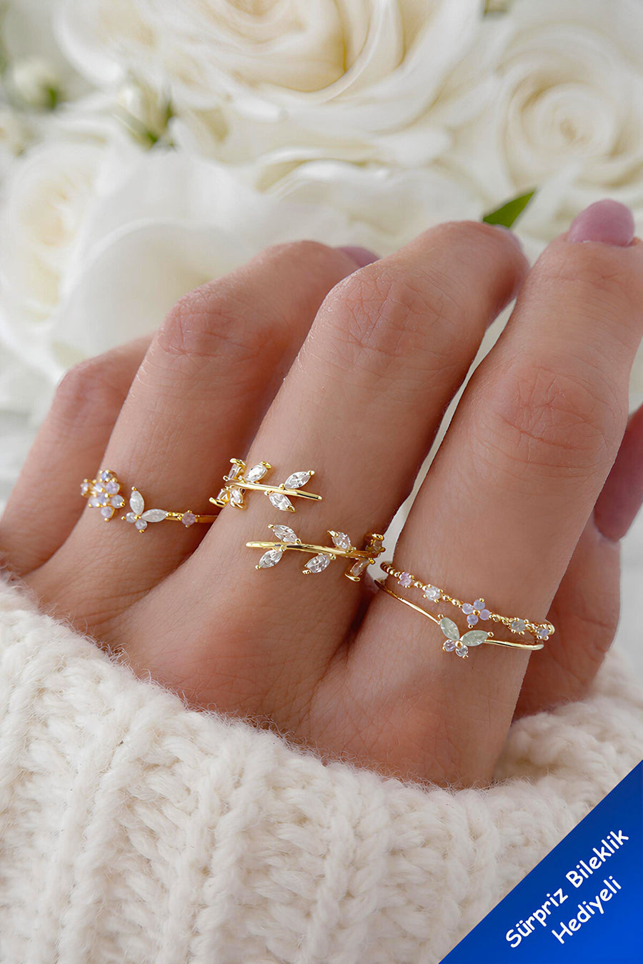 The Collection 4'lü Kombin Kelebek Çiçek Detaylı Eklem Gold Taşlı Yüzük Set - Fiyatı, Yorumları