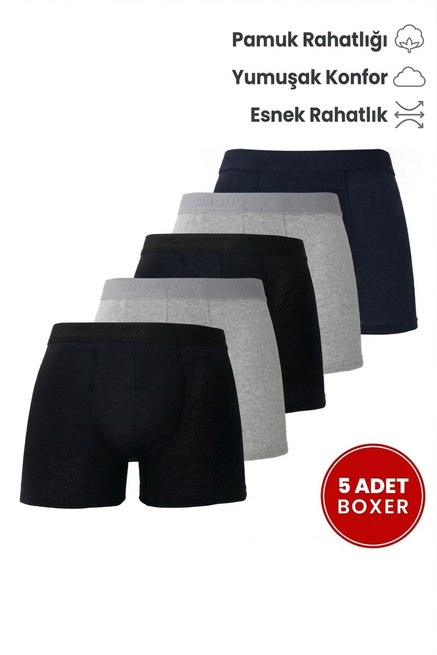 Tudors Erkek 5'li Pamuklu Likralı Esnek Kumaş Boxer - Siyah