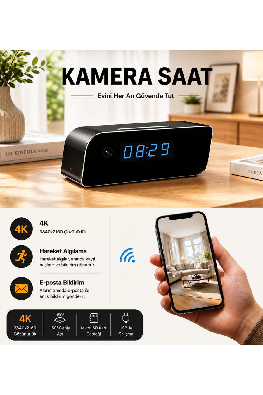 intermax Bebek Hasta Bakıcı Güvenlik Priz Kamera 4K 1080P HD Mini CCTV Kamera - Saat
