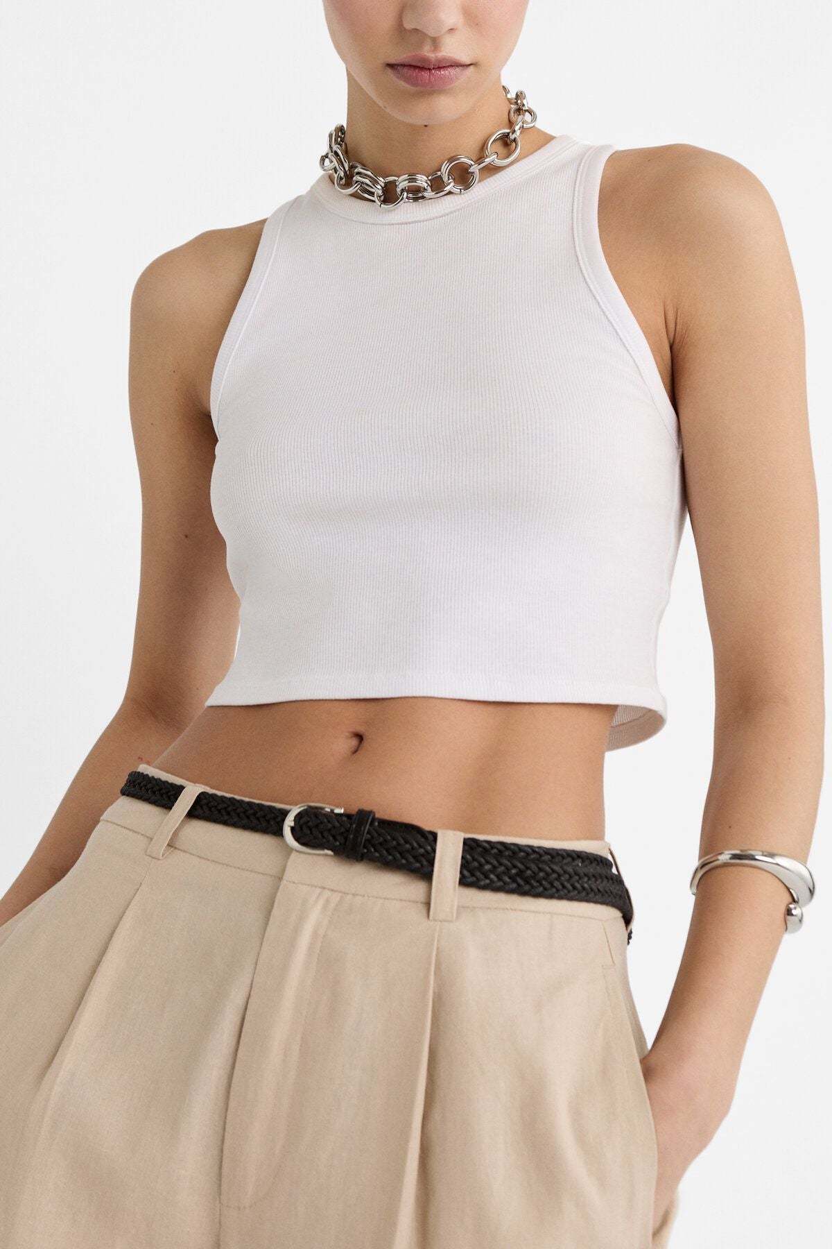 Stradivarius Kemerli keten karışımlı pantolon