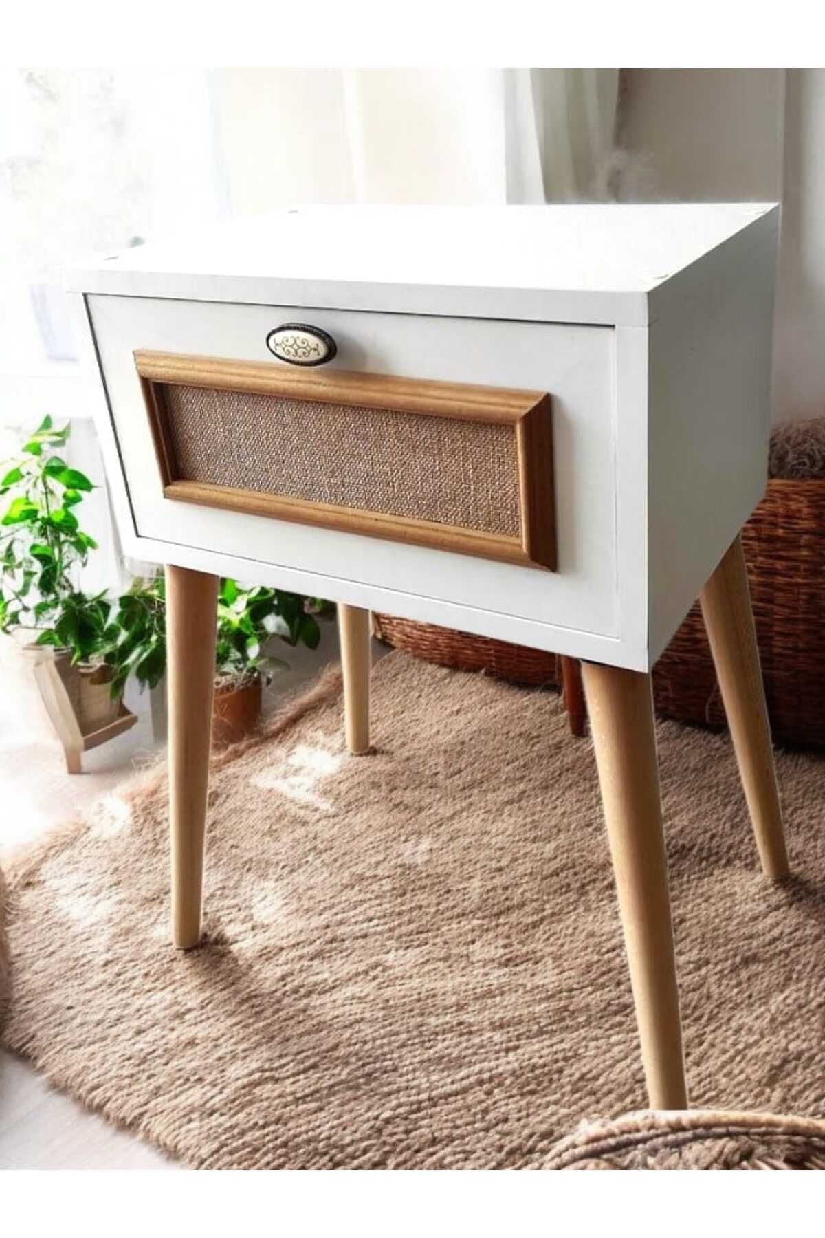MBK AHŞAP Yatak Başucu Komodin Retro Komodin Modeli Kapaklı Komidin Kapaklı Mat Beyaz - Görsel 3