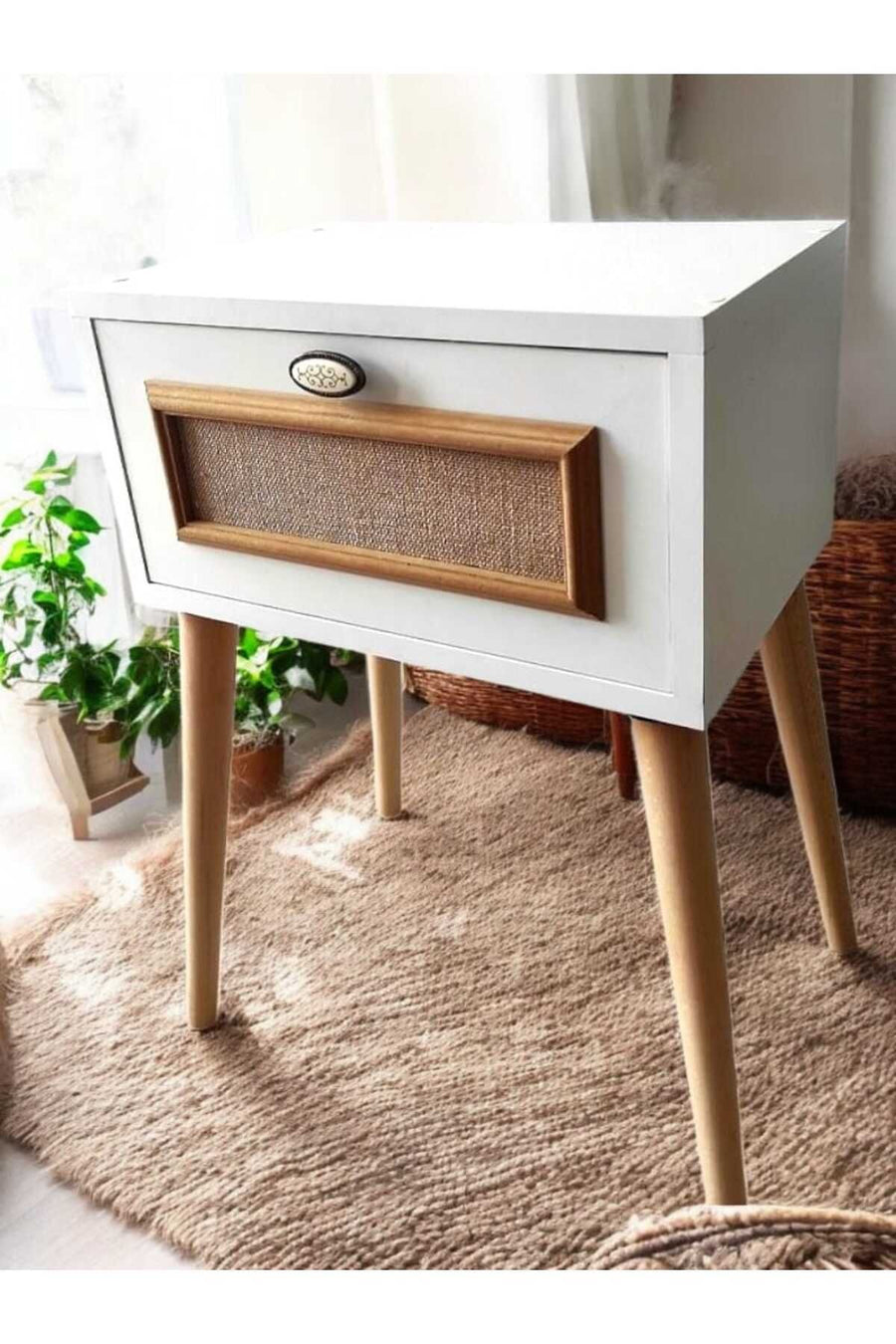 MBK AHŞAP Yatak Başucu Komodin Retro Komodin Modeli Kapaklı Komidin Kapaklı Mat Beyaz - Görsel 3