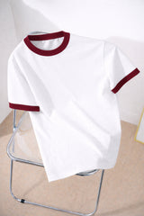 Revasser Unisex Erkek/Kadın Lacivert Beyaz Yaka Düz Oversize Pamuklu T-Shirt Tişört - Beyaz-Bordo
