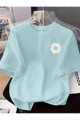 oneagılyazı Kadın Kurdela Baskılı Tshirt - Bisiklet Yaka - Turkuaz