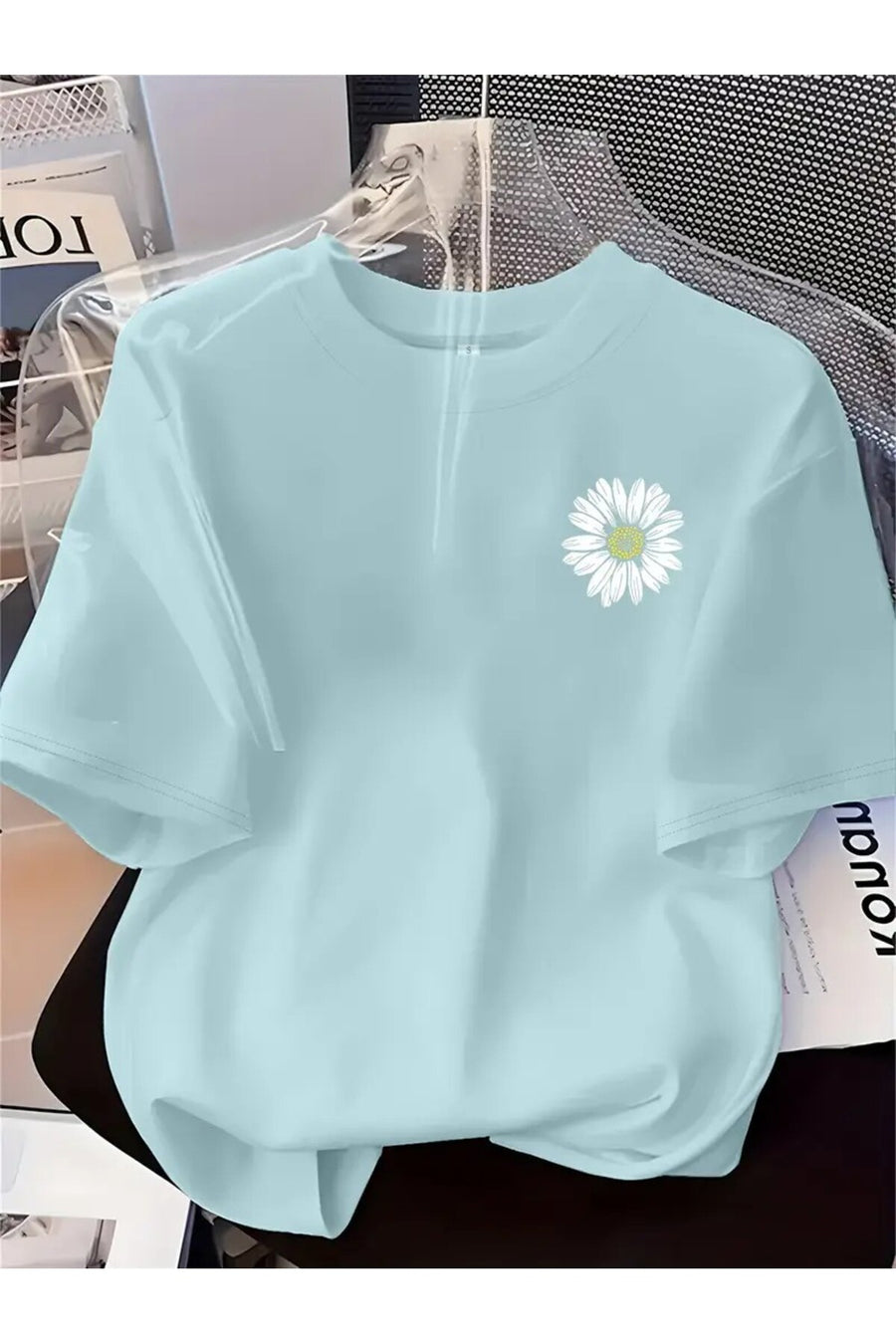 oneagılyazı Kadın Kurdela Baskılı Tshirt - Bisiklet Yaka - Turkuaz