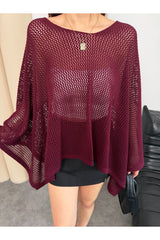 TOFİX textile Kadın File Triko Panço Bluz Salaş Oversize Yarasa Kol Yazlık Örgü Bluz - Bordo