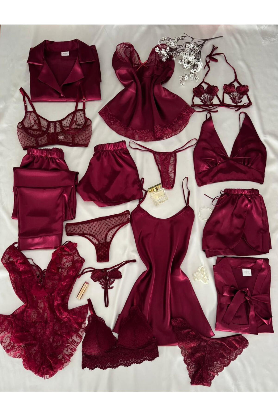 MH Moony Homewears Kutulu 12'li Parça Pause Bordo Saten Pijama Gecelik Sabahlık Iç Giyim Çeyiz Seti - Bordo