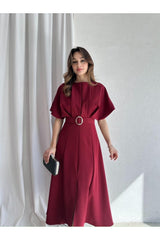 MODA DURAĞI KALİTELİ MİDİ ELBİSE YIRTMAÇ DETAYLI KEMERLİ - Bordo