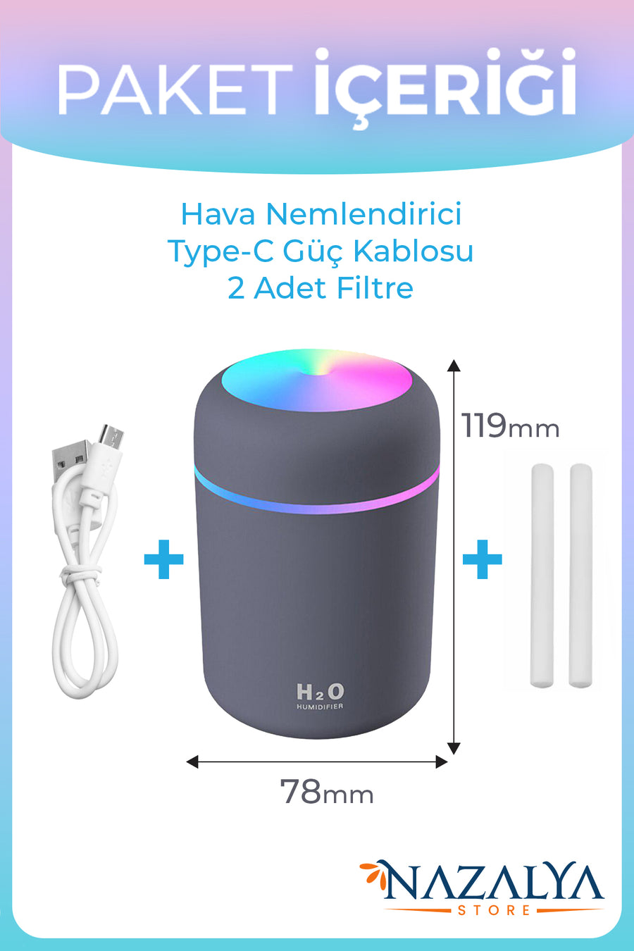 Nazalya 300 ml Ulrasonik Ledli Hava Nemlendirici Buhar Makinesi Ve Aroma Difüzörü - Pembe