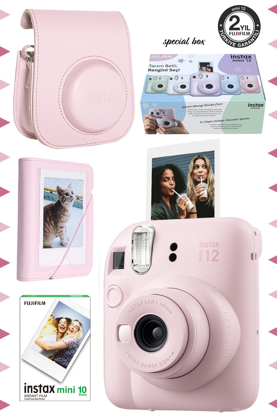 Fujifilm Instax Mini 12 Lila Fotoğraf Makinesi-10'lu Film-Mini Albüm ve Deri Kılıf Seti - Pembe