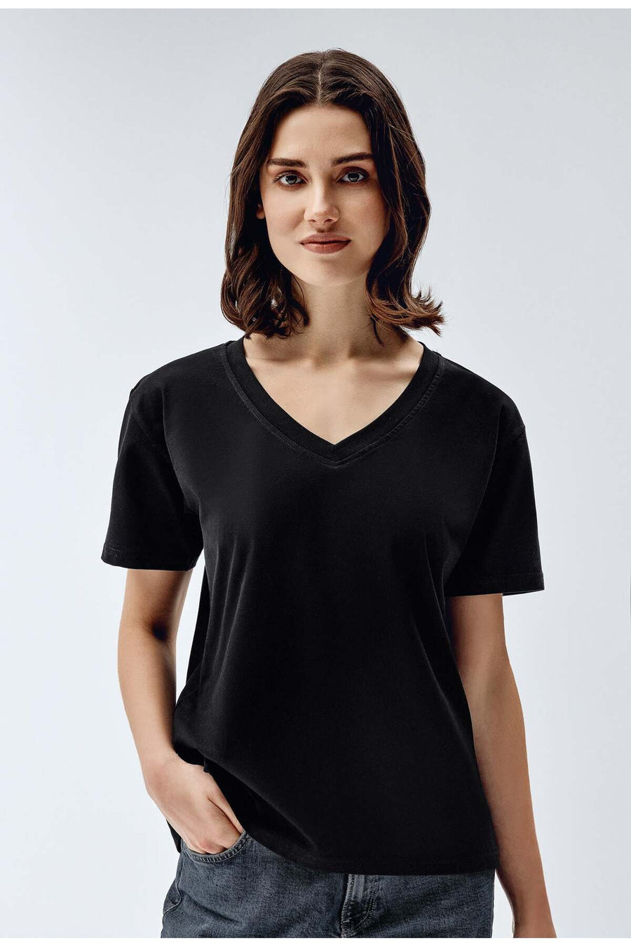 Brix Kadın %100 Pamuk V Yaka T-Shirt Lila - Siyah