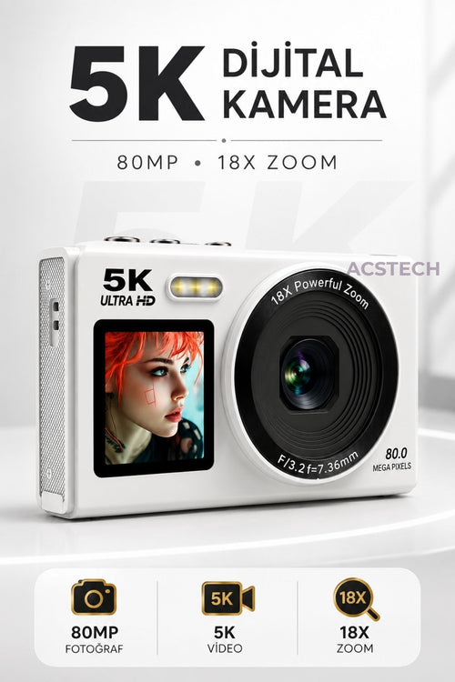ACSTECH 5K Çift Ekranlı Dijital Fotoğraf Makinesi | 80MP | 18X Zoom | 32GB Hafıza Kart Hediyeli - Pembe