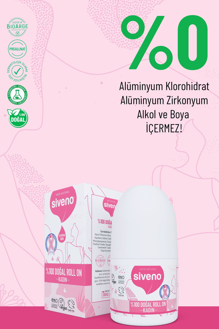 Siveno %Doğal Roll-on Kadın Deodoranter Kokusu Önleyici Bitkiseleke Bırakmayan Vegan ml